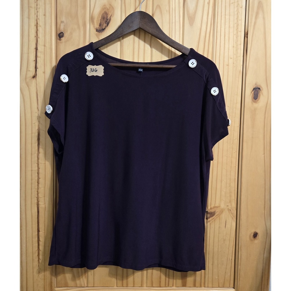 AUW Women's Short Sleeve Blouse SZ LG‎ Purple Round Neck Button Detail Cottage